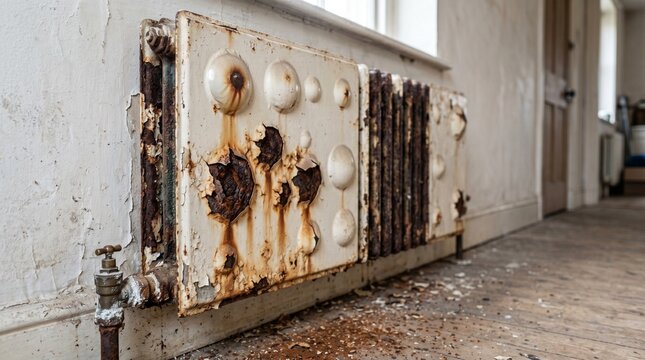Rusty cast iron radiator with flaking paint and corrosion. Showcasing severe rust damage on heating system in a residential hallway. Perfect for property maintenance and renovation industry