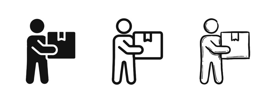 Delivery Courier Carrying Box Icon Set in Flat and Sketch Styles