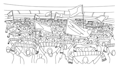 Fototapeta premium Single line drawing of a large crowd of supporters holding scarves in a sports stadium