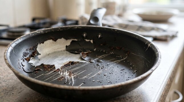 Damaged non-stick frying pan with scratched surface and peeling coating on kitchen counter. Featuring worn out cookware teflon layer degradation and household kitchen equipment safety