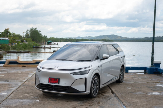 Thailand - 2 May 2026 : X Peng, top China famous technology EV car brand, is launch the new X9 as the ultra luxury MPV van with new intelligent chipset. The car is park with beuatiful rural place.