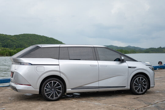 Thailand - 2 May 2026 : X Peng, top China famous technology EV car brand, is launch the new X9 as the ultra luxury MPV van with new intelligent chipset. The car is park with beuatiful rural place.