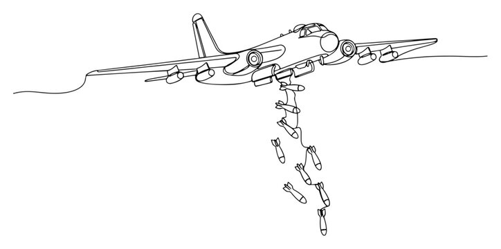 Continuous line art illustration of a military bomber aircraft dropping bombs in flight