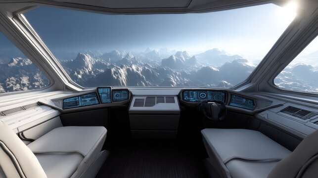 Futuristic cockpit mountain landscape panoramic window advanced technology digital display minimal interior sci fi high fidelity control panel