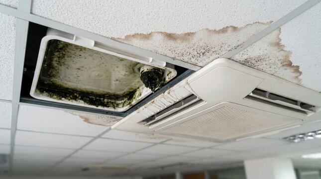 Water damage on office ceiling tiles with visible mold growth and leaking air conditioning unit. Highlighting the need for maintenance, repair, and professional restoration services in