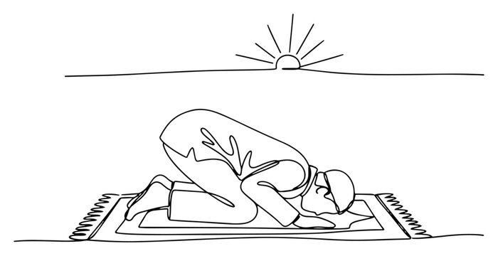 Muslim man praying in prostration on a mat during sunrise in minimalist line art