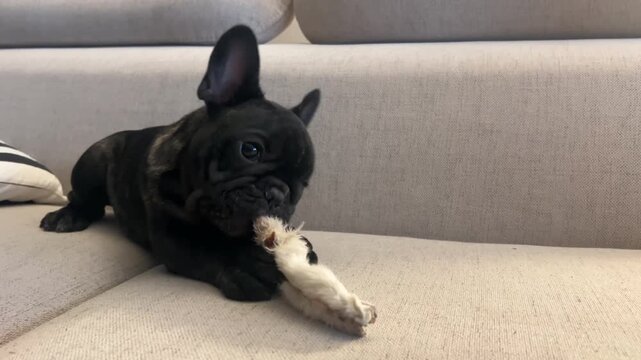An authentic and adorable black French bulldog puppy enjoys a natural chew treat while relaxing on a modern beige sofa. Perfect for pet wellness and domestic lifestyle content.