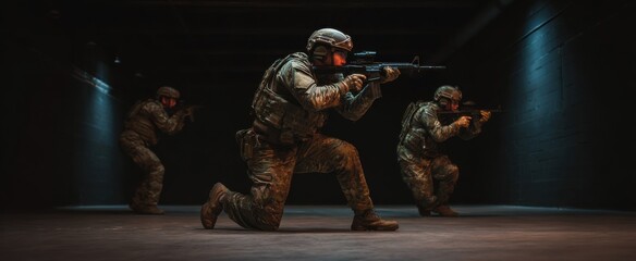 Naklejka premium Close quarters combat training involves soldiers executing tactical maneuvers within indoor environments.