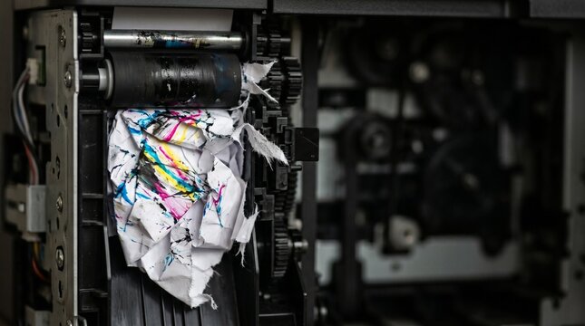 Printer paper jam problem internal view of laser machine mechanism showing crumpled colorful sheets stuck in rollers. Professional office equipment maintenance and troubleshooting concepts