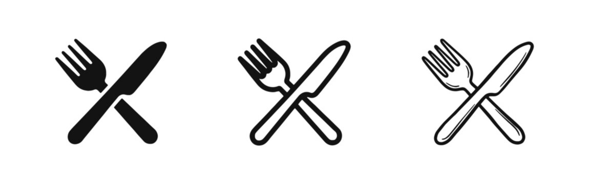 Dining and Cutlery Icon Set with Crossed Fork and Knife Symbols