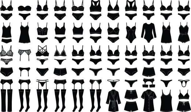Women Lingerie Silhouette Collection Featuring Bras, Panties, Bodysuits, Sleepwear, and Fashion Underwear Vector Illustration Elements for Apparel Designs