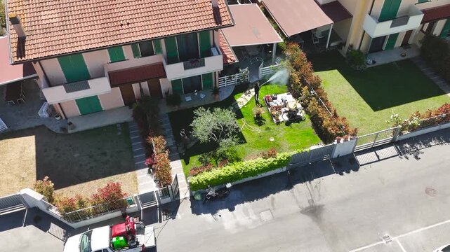 Aerial view of pest control disinfestations operation in rural area near the city outdoor
