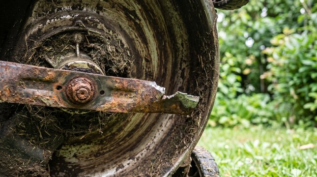 Damaged lawnmower blade close up with rust and metal chips. Featuring a worn mower deck with old grass clippings and outdoor garden background. Perfect for repair maintenance concept.
