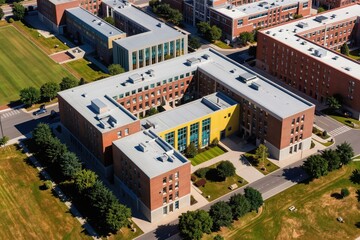 Fototapeta premium Aerial view of modern university campus with brick buildings. Educational complex with green lawns, walkways, and trees. Students learn in classrooms, research labs, and lecture halls.