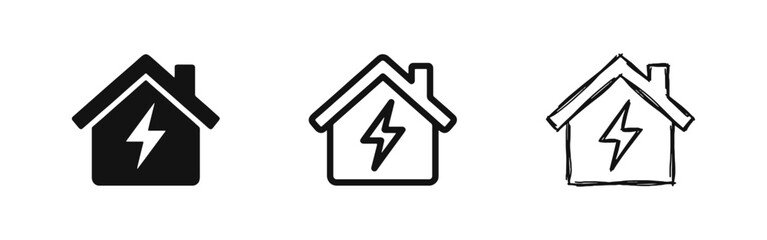 Energy Efficient House Icon Set, Lightning Bolt in Home Symbol, Renewable Power Concept, Hand-drawn Style © drawing lines