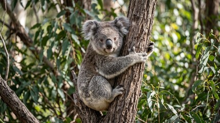 Naklejka premium Cute Koala Bear Climbing Eucalyptus Tree in Australian Bushland