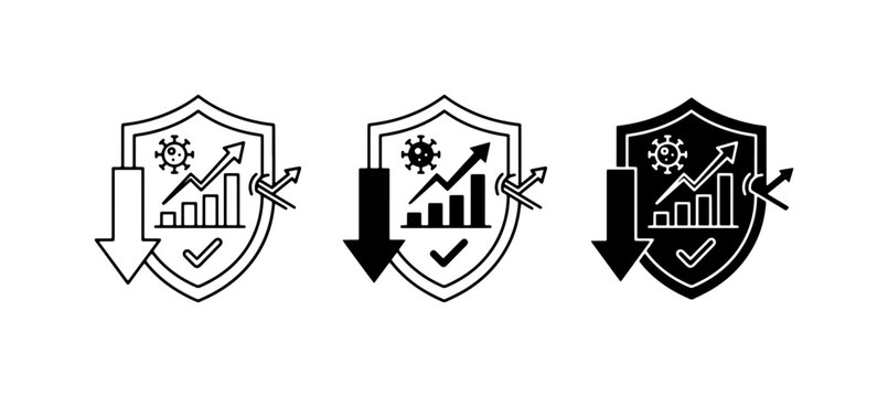 Shield Icons: Downward Trend, Growth Chart, Virus, Checkmark, Cross-out Symbol, Set of 3