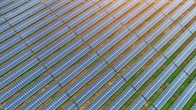 An aerial view of modern solar power infrastructure with aligned photovoltaic panels, showcasing sustainable energy networks, environmental responsibility, and the transition toward a greener future.
