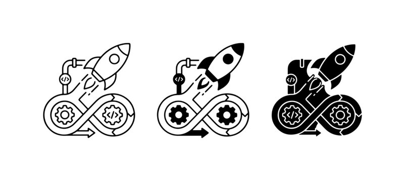 DevOps Rocket Launch Icons, Continuous Integration and Delivery Symbols, Software Development Workflow Graphics