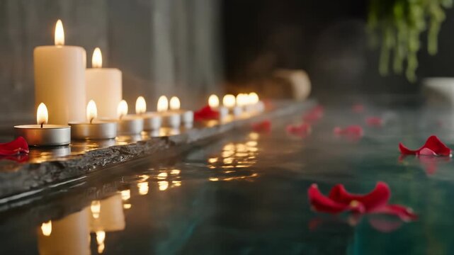 Close-up of several burning white tealight and pillar candles lined on a dark stone edge beside a steaming spa pool or bathtub with floating red rose petals and soft reflections.