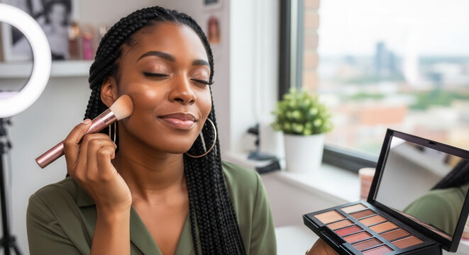 Smiling African-American beauty influencer applying bronzer with makeup kit, cosmetics tutorial and confident appearance in home setting