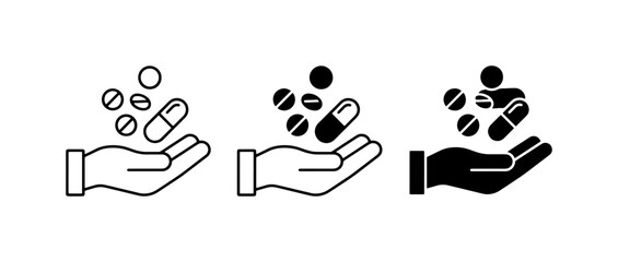 Fototapeta premium Medical Pills and Capsules in Hand, Healthcare Icons Set, Pharmaceutical Treatment and Medication Concepts