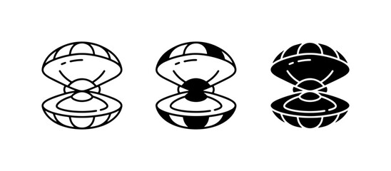 Three Open Clam Shell Icons with Pearls, Simple Line Art and Silhouette Styles, Ocean Treasure Graphics © Rajib