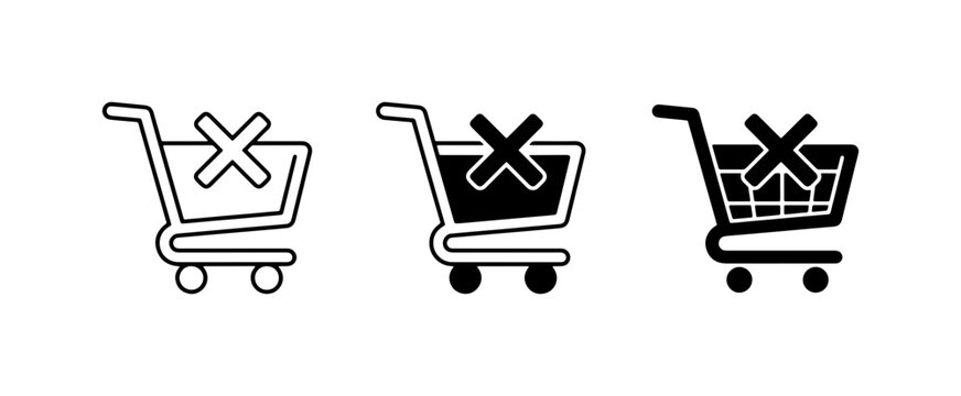 Shopping Cart Icons with Cross Symbol, E-commerce Cancelation and Removal Graphics, Online Store Deletion Symbols