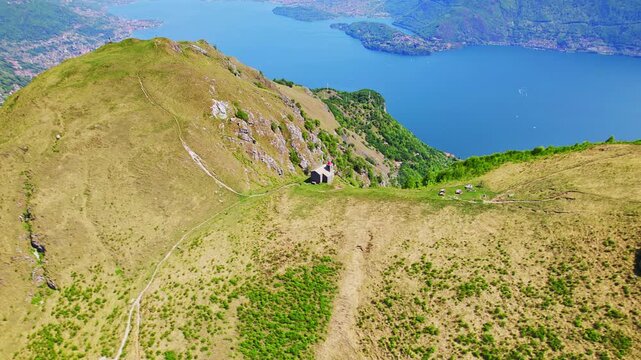 Como lake and San Bernardo church, 4k footage drone point of view