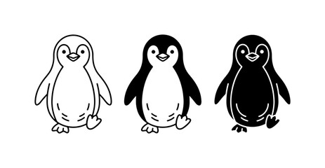 Obraz premium Cute Penguin Vector Icons Set, Adorable Antarctic Bird Illustrations, Simple Black and White Cartoon Characters for Wildlife and Winter Themes