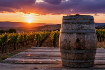 Naklejka premium Old wooden barrel on weathered planks near vineyard rows at sunset. Rolling hills and purple clouds form a scenic rural backdrop. Warm light illuminates the fall harvest landscape.