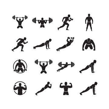 Collection of black and white exercise and weightlifting icons isolated on transparent background