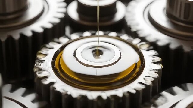 Close up golden oil pouring into intricate metal gears and cogs in slow motion industrial