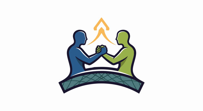 Two stylized figures arm wrestling, above a patterned arc