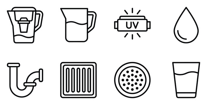 Set of simple outline icons representing water purification and plumbing, water droplet, and glass.