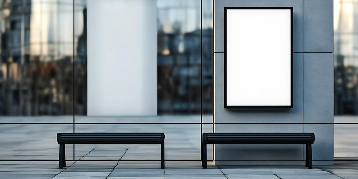 Modern bus stop shelter with blank billboard and empty bench in city surroundings.