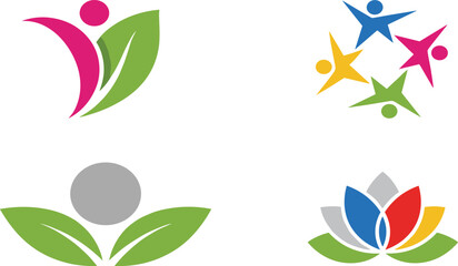 Fototapeta premium Colorful abstract logos representing health, wellness, and community with vibrant figures and nature elements.