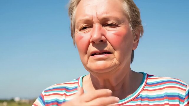 Middle aged woman suffering from heat exhaustion or sunstroke outdoors holding her forehead in