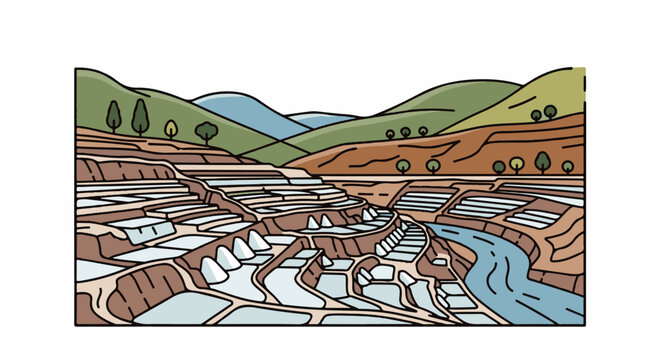 Terraced salt pans with river and rolling hills, stylized landscape