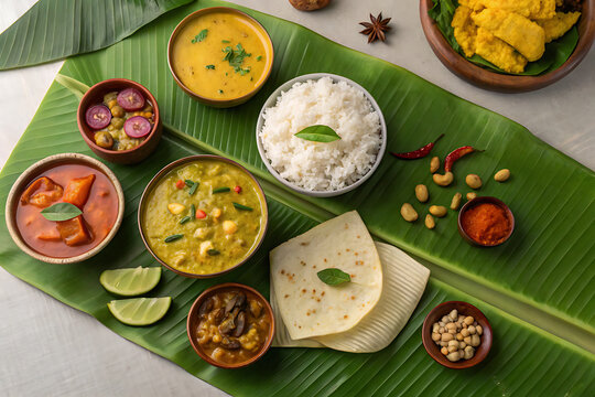 Onam sadya feast on banana leaf  multiple Kerala dishes  top angle  realistic vibrant stock photo