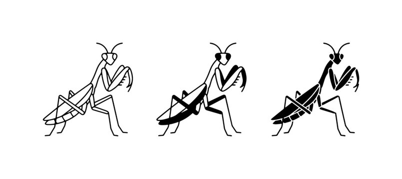Praying Mantis Icons, Insect Silhouette Set, Minimalist Bug Vector Graphics, Predatory Insect Art, Outline and Filled Styles