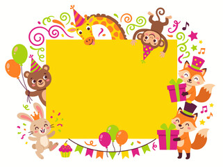 Obraz premium Invitations for Children on Different Holidays. Fun and Colorful Vector Illustration With Cheerful Animals Celebrating Various Occasions