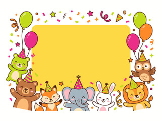 Obraz premium Invitations for Children on Different Holidays. Fun and Colorful Vector Illustration Featuring Adorable Animals Celebrating With Balloons and Party Hats
