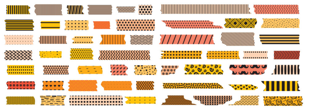 Orange scotch tape icon set, red and pink adhesive tape pieces