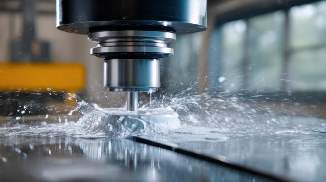 High precision metal machining, close up of CNC milling machine cutting metal with coolant splash, industrial workshop environment