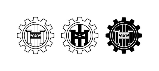 Fototapeta premium Industrial Gear Icons, Mechanical Cog Symbols, Engineering Machine Elements, Set of 3 Monochromatic Vector Graphics for Industry and Technology Concepts