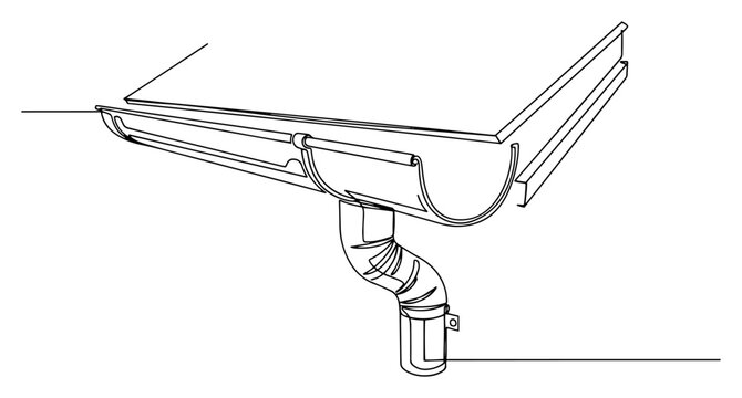 Roof rain gutter drainage system installation in minimalist continuous line art style