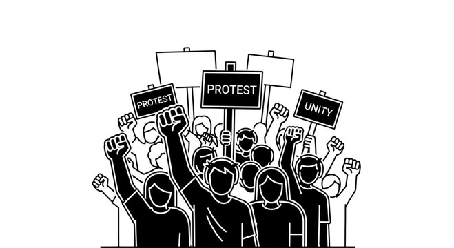 People protesting with raised fists signs.