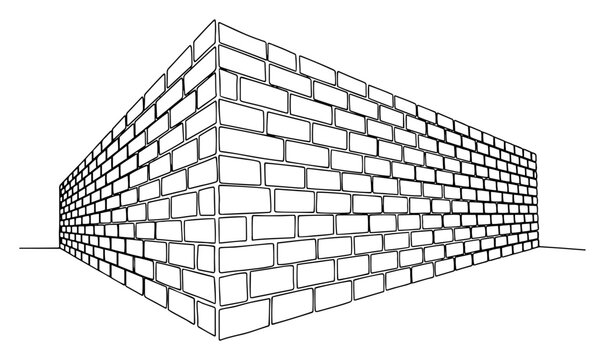 Perspective view of a brick wall corner drawn with a single continuous line