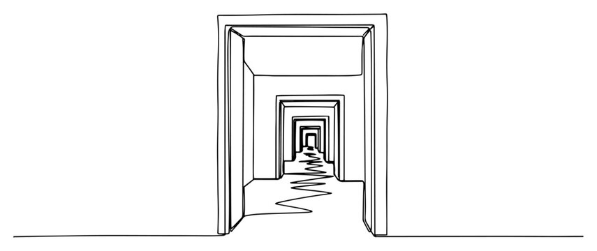 Perspective view of multiple doorways forming an infinite corridor in line art style